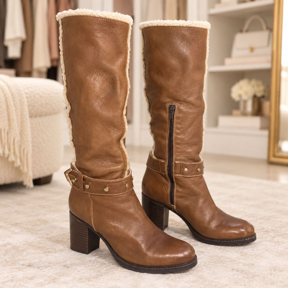 Napoleoni Made In Italy Caramel Brown Leather Sherpa Cuff Knee High Boots | 6